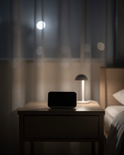 Minimalist, photorealistic night bedroom scene with dim light seeping through curtains onto a bedside table and a silent digital clock, shallow depth of field, neutral tones, no people, no text.